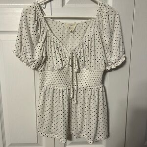 Chic Cream Polka Dot Blouse with Smocked Waist
